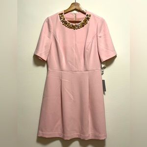 NWT pink short-sleeved cocktail dress with pockets and jeweled collar, size 10p